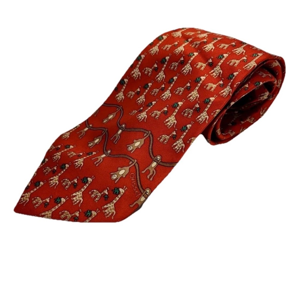 Vtg 100% Silk Giraffe Monkey Red Tie MD Anderson Dr. Tie Pediatrics